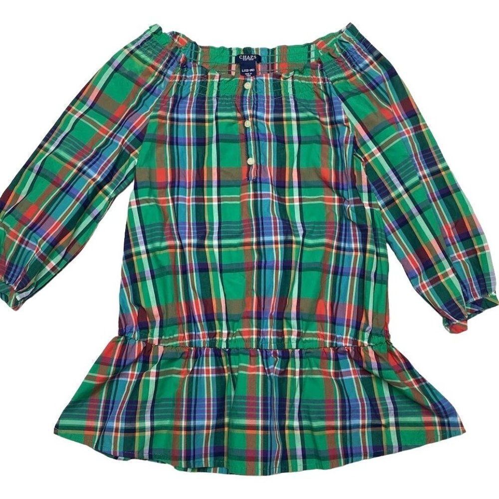 Chaps Girls Top Green Plaid Round Neck 3/4‎ Sleeve Drop Waist Peplum Sz 12/14 L